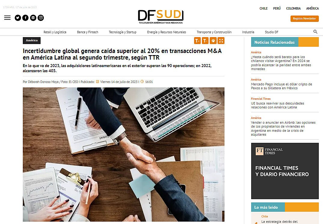 Incertidumbre global genera cada superior al 20% en transacciones M&A en Amrica Latina al segundo trimestre, segn TTR